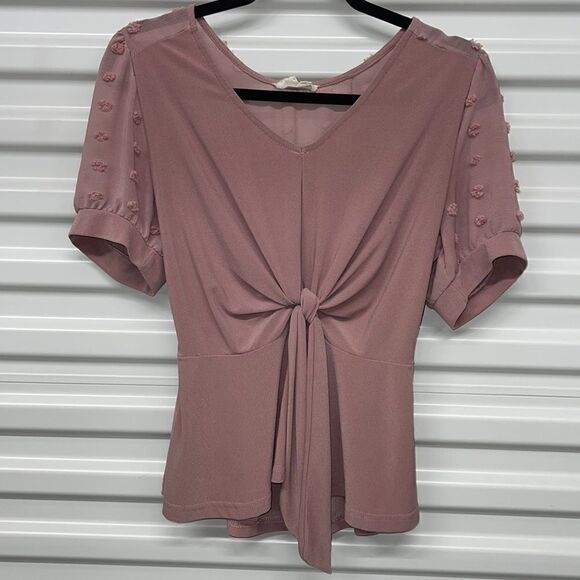 Rose FLOWER N Feather Tie Front Sheer Back Short Sleeve VNeck M Good Condition - Picture 1 of 8